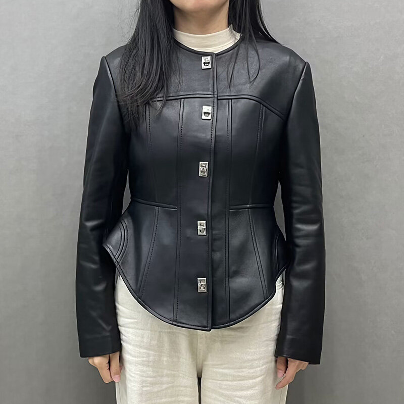 Jaket kulit gaya baru wanita mode jaket kulit asli pinggang Basque pakaian jalanan pakaian wanita GT5541