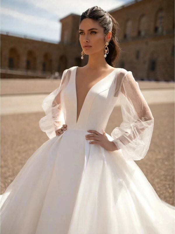 Klasyczne przepiękne suknie ślubne z dekoltem w serek seksowne suknie ślubne bufiaste rękawy satynowe szaty 2024 aplikacje Vestidos De Novia