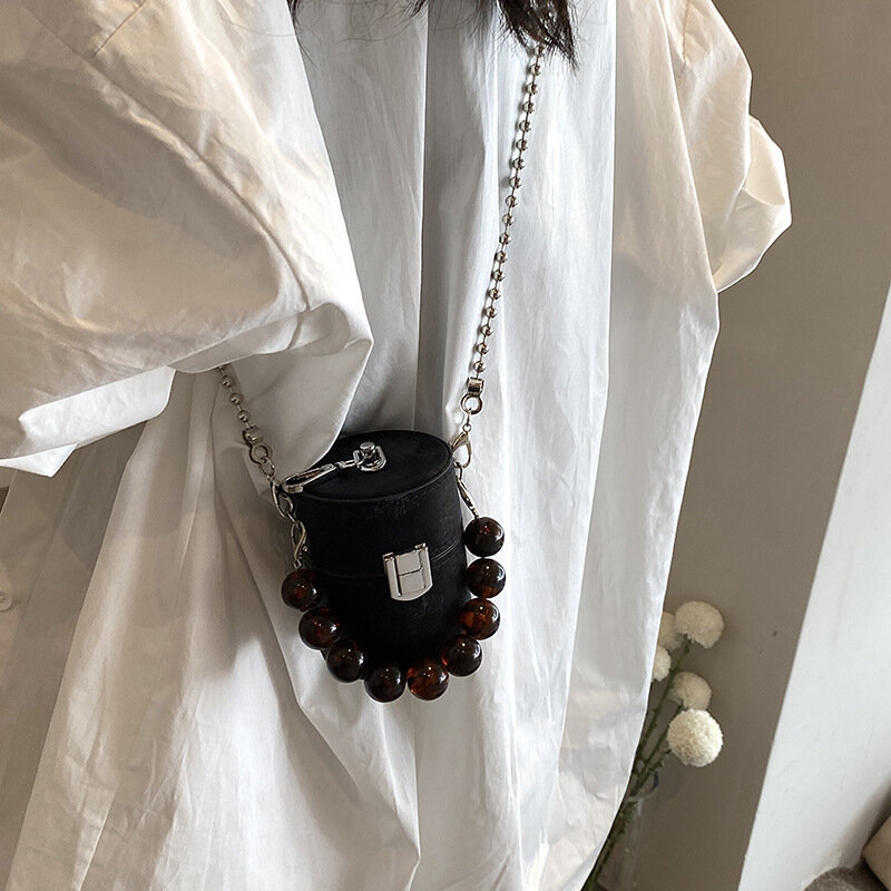 Mini bolsos cruzados en forma de barril para mujer, bolsos con cadenas de cuentas, caja pequeña, bolso de hombro, monedero de diseñador, monederos con pintalabios, nuevo