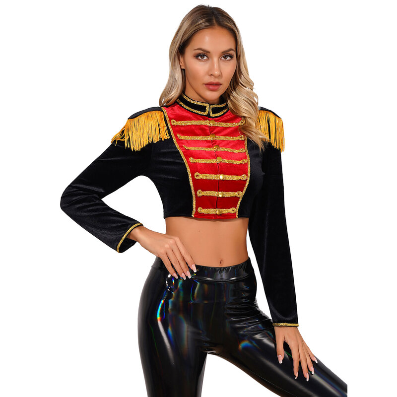Womens Ringmaster Role Play Jacket Halloween Fancy Dress Ball Theme Party Costume Stand Collar Long Sleeve Velvet Cropped Coat