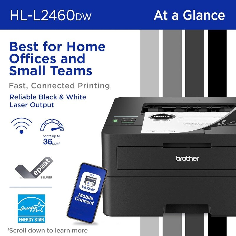 Cordless, compact monochrome laser printer with duplex, mobile printing, black and white output | Refresh subscription included