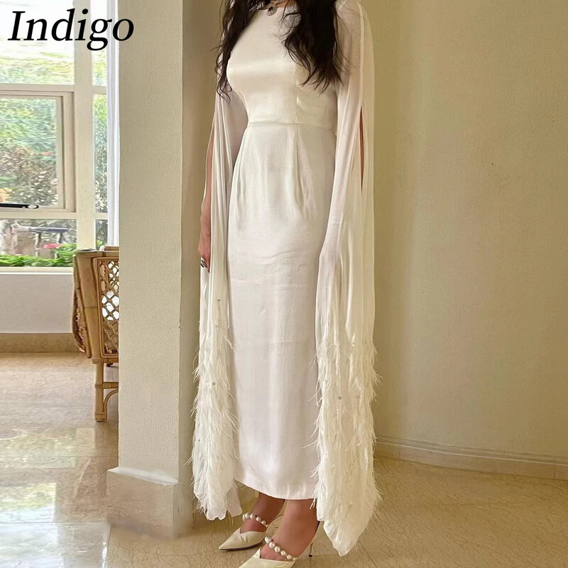 Indigo Evening Dresses O Neck Full Sleeves Ankle-Length Feathers Beads Formal Party Dress For Women 2024 Vestidos De Gala