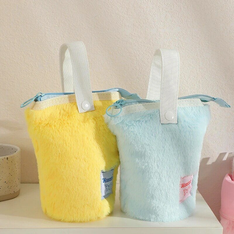 Plush Standing Pen Holder Solid Color Pencil Case Large Capacity Lipstick Storage Cosmetic Bag Portable Stationery Pouch