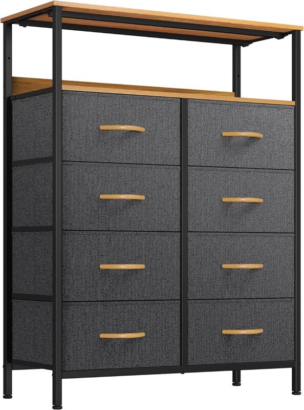 Tocador de tela de 8 cajones con estantes, armario de torre de almacenamiento de muebles, organizador para dormitorio, contenedores de tela de fácil extracción (negro y gris)