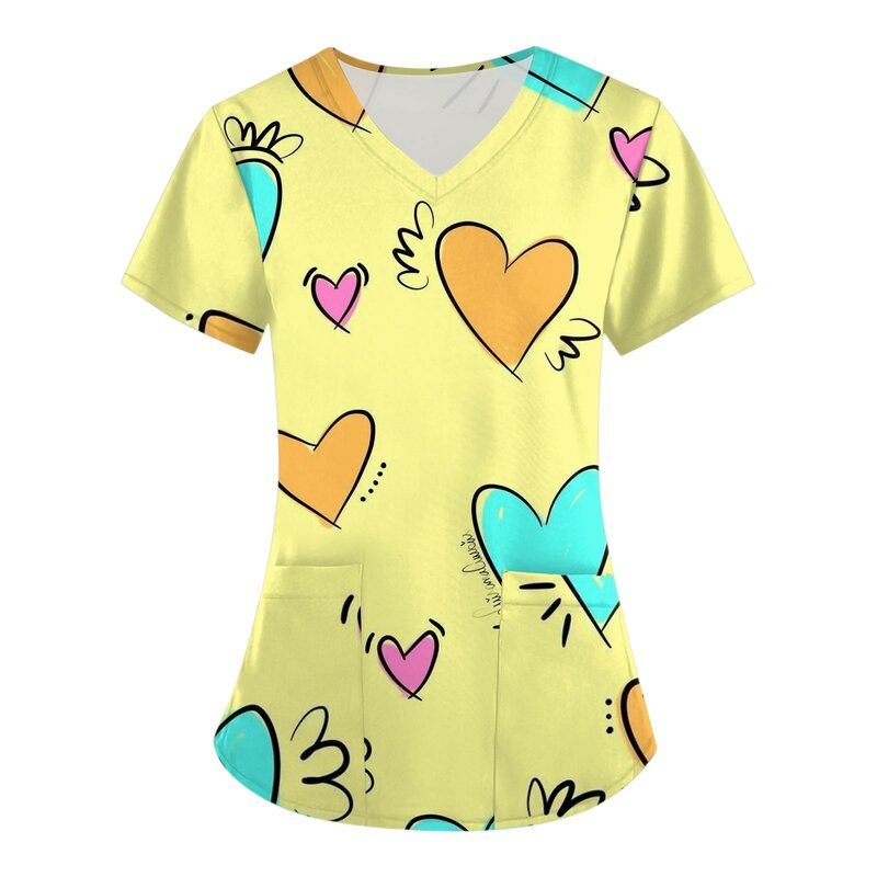 3D 프린트 패턴 티셔츠, 간호사 유니폼, V넥 포켓 여성 상의, 로맨틱하고 배려적인 요소, 여성 의류