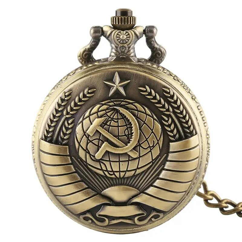 خمر الاتحاد السوفياتي السوفياتي شارات المنجل المطرقة ساعة جيب قلادة برونزية سلسلة بدلاية ساعة شعار الموضة النساء الرجال هدية