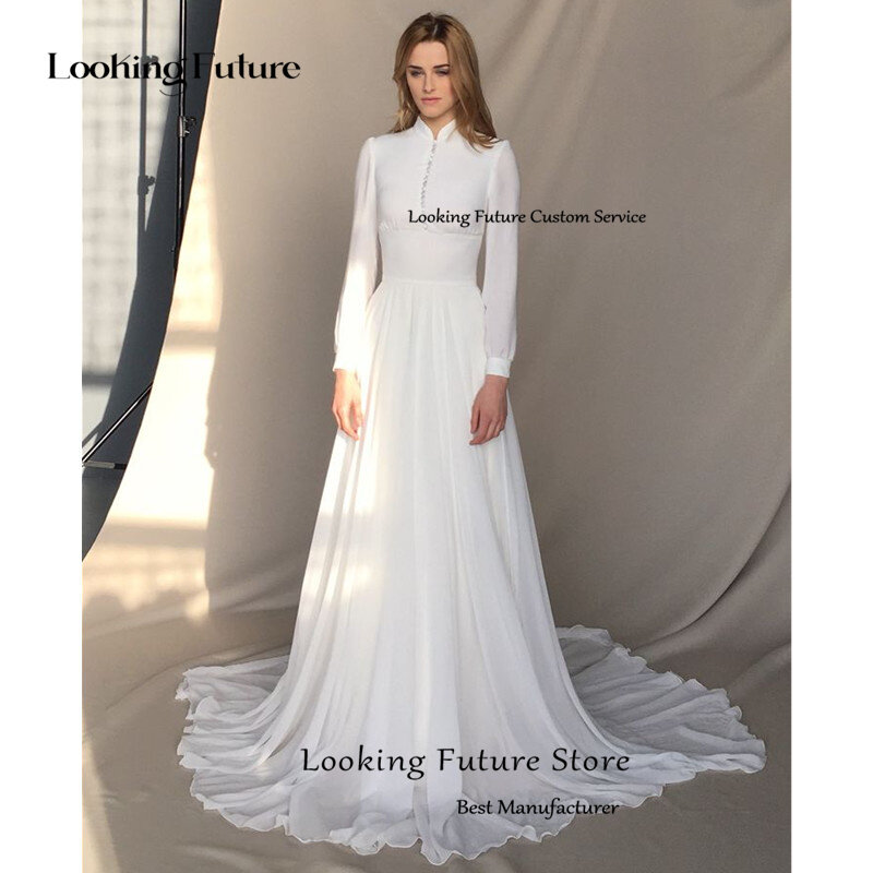 Modern A-Line Long Sleeves Satin Wedding Dress Pleat Zipper Elegant Hight Neck Button Dresses Sleeveless Floor-Length 2024