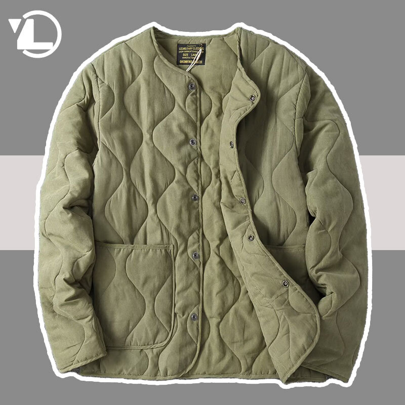 Casaco retrô espesso com decote em O para homens, jaqueta acolchoada, roupa grande com botão para cima, cardigã verde do exército, outono e inverno, M65
