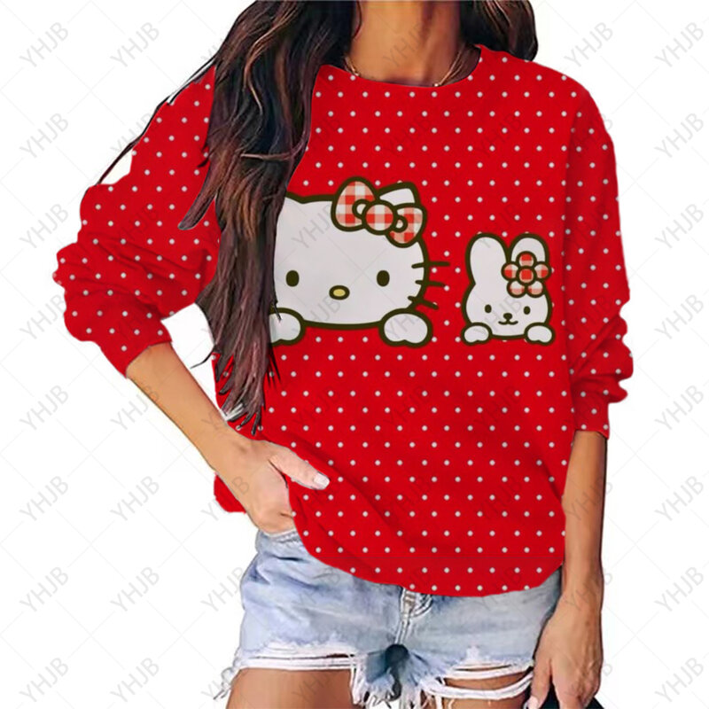 Women Sweatshirt Fashion Hello Kitty Print 2024 Spring Autumn Loose Hoodies Casual Streetwear Long Sleeve Female O-neck Pullover