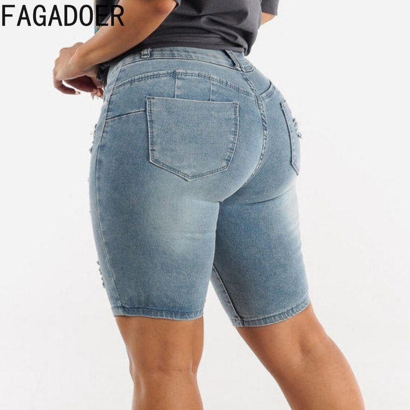 Fagadoer-shorts jeans com buraco para as mulheres, shorts jeans de cintura alta com botão e bolso, moda, novo, verão