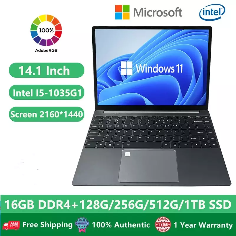 2023 металлический женский ноутбук, игровые офисные деловые ноутбуки Win11 14,1 дюймов 2K экран Intel Core I5-1035G1 16 Гб RAM + 1 ТБ нетбук WiFi