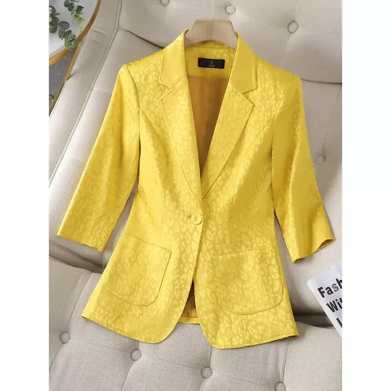 Блейзер Женский Официальный на одной пуговице, куртка с рукавом до локтя, темно-желтый синий, одежда для работы в деловом стиле, на весну-лето