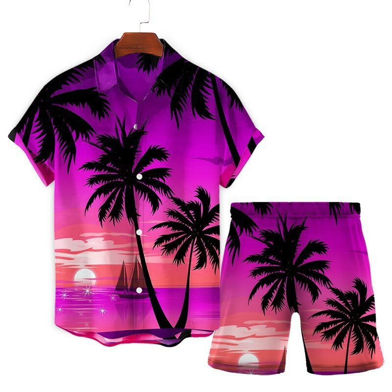 Hawaiion printed Set Men's 2Pcs Shirt+Shorts 3D Print Loose Leisure short sleeve Beach Shirt Holiday Fashion Two piece Set