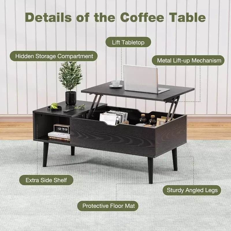 Lift Top Coffee Table com Prateleira e Compartimento Escondido, Móveis de Madeira para Sala de Estar e Escritório, Novos e Modernos, EUA