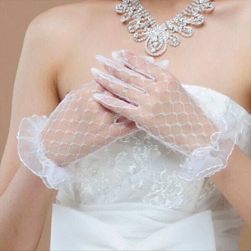 652f branco nupcial casamento luvas curtas dedos completos transparente gaze plissado renda guarnição comprimento do