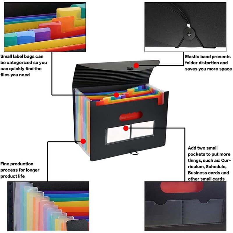 Expansão Pasta de Arquivo com Tabulações Coloridas, Organizador, Caixa de Arquivo, A4 Acordeão Bill, Receipt Folders, 12 Bolsos, 3X
