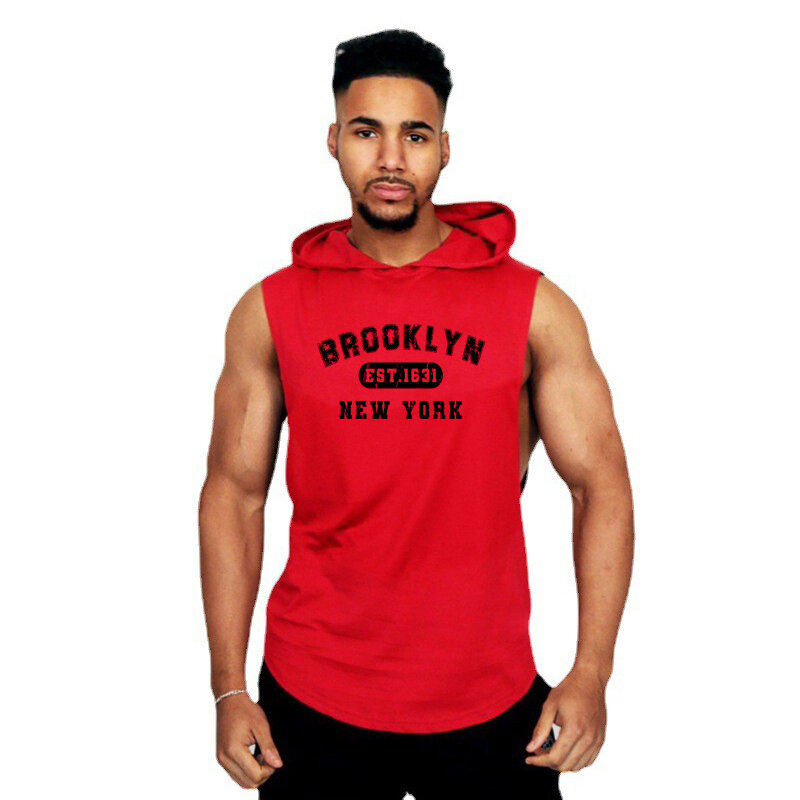 Gym Sports Mens Bodybuilding Fitness Workout Printed Loose Summer Fashion Casual Hoody Stringer Vest