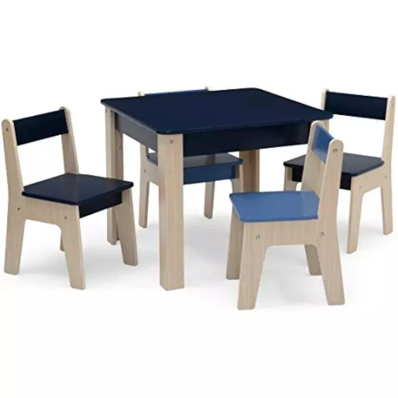 Children's tables and 4 Chair Set Size Kids and Chair Children Furniture Sets,Playroom Toddler Activity Table,Navy/Natural