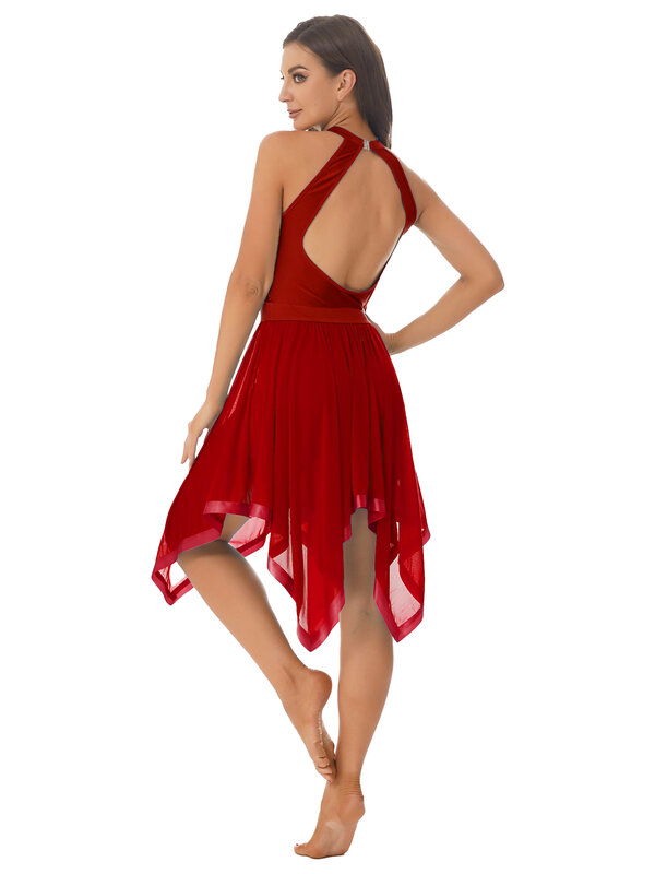 Tiaobug-여성용 반짝이 스팽글 홀터 댄스 드레스, 등이없는 비대칭 밑단 메쉬 드레스, 가사 댄스 공연 의상