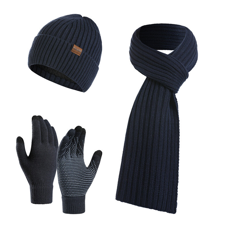 Men's Winter Keep Warm Set Fleece Lining Beanie Telefingers Gloves Thicken Scarf Knit Muffler Unisex Hat Solid Color Neckerchief