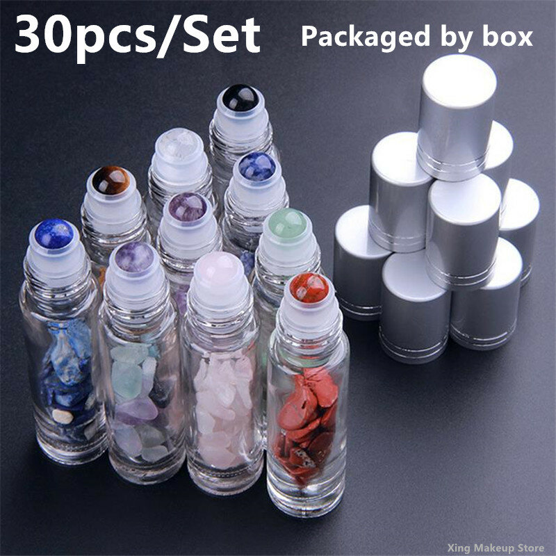 30pcs/set 10ML Natural Jade Ball Crushed Stone Bottle Thin Glass Roll on Bottle Sample Test Essential Oil Vials With Roller 4#