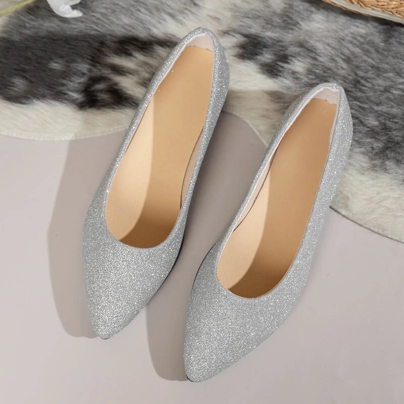 Women Comfort Pointed toe Ballet Flats Slip on Sliver Glitter Wedding Shoes Ladies Spring Summer Casual Shoes Plus Size 2024