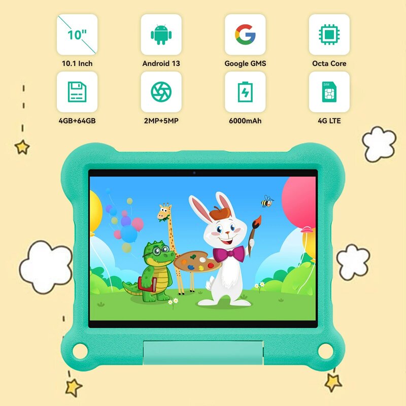 KidsPad-Étui de protection de qualité oligcomestible, 10.1 pouces, application SuffAWA, Octa-Core, 4G, persévérance, touristes, WiFi, 4 Go + 64 Go avec Bluetooth, WiFi, Real 6000mAh