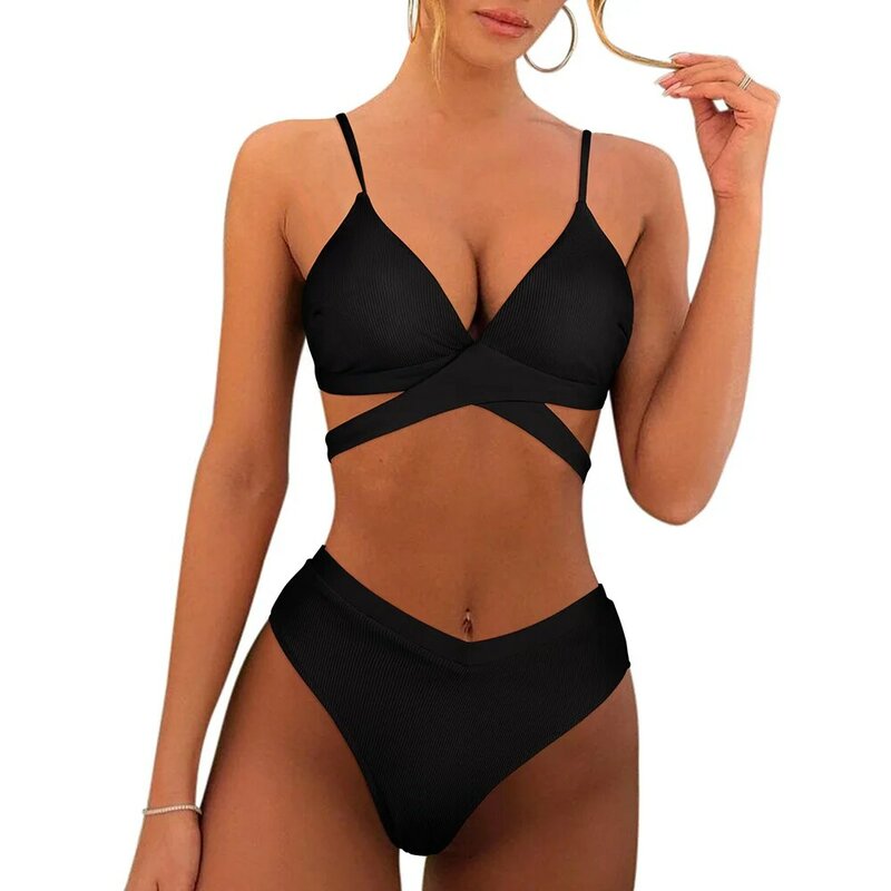 New Sexy Bikini  Set Women 2023 Swimwear Push Up High Cut Bikini Set Solid Bathing Suit Cross Swimsuit Beachwear Ribbed Bikini