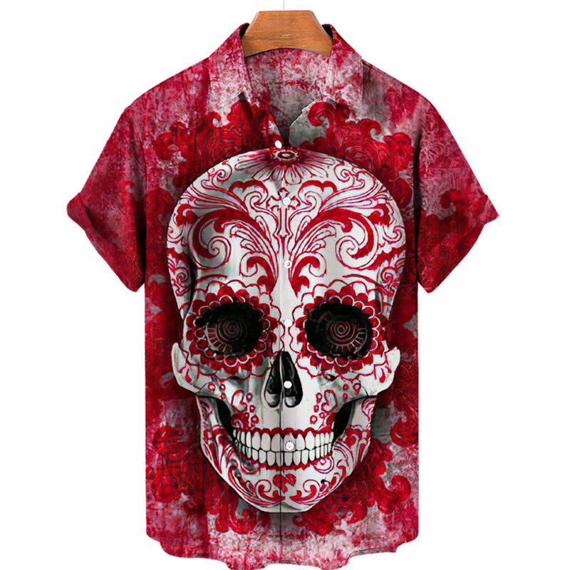 2022 lato czaszka 3d Print koszula hawajska dla mężczyzn 5xl ponadgabarytowych z krótkim rękawem charakter Top mężczyźni oddychające luźne koszulki mężczyzn