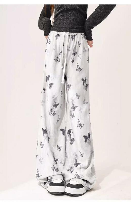 Calça casual de chiffon borboleta com tinta feminina, calça comprida de perna larga larga larga, verão, nova, estilo chinês, 2024