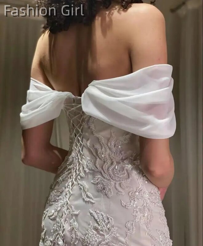 2023 Custom Classic White Off The Shoulder Prom Dresses ricamo lunghezza del pavimento abiti da sera senza spalline abito formale da donna