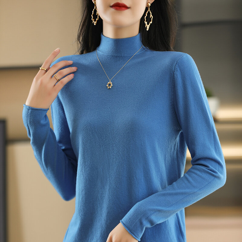 Suéter informal de manga larga para mujer, jersey de cuello alto Medio, de lana, de punto, básico, informal, Otoño e Invierno