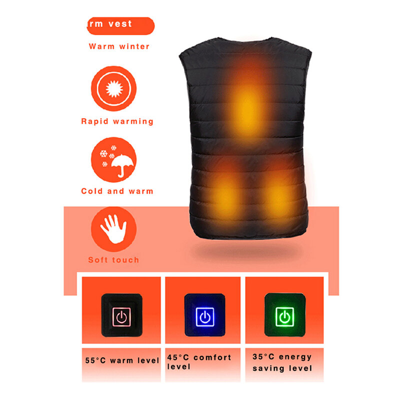 Heated Vest 3-Speed Temperature Adjustment Electric Warming Vest Unisex Clothes For Men Women Hiking Camping Winter Clothing