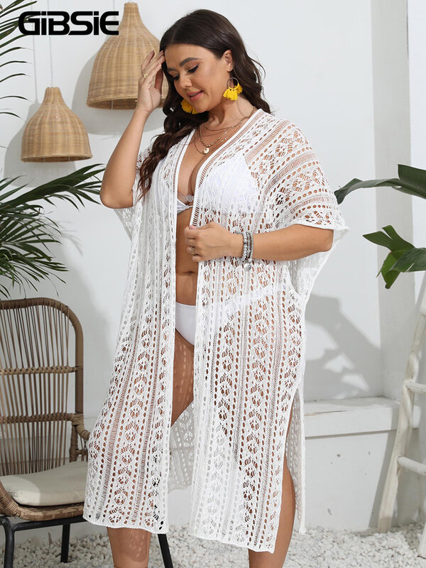 GIBSIE-Kimono blanco de talla grande para mujer, pareo largo de punto con abertura, transparente, para playa y vacaciones, 2023