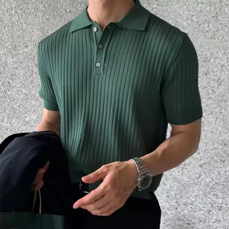 Camiseta holgada de manga corta con botones para hombre, camisa acanalada de punto con solapa, ropa de calle de verano, envío directo