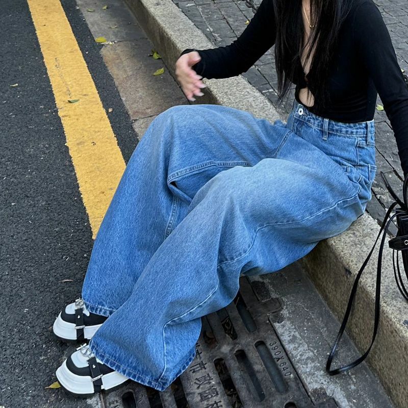 HOUZHOU Vintage longgar Jeans untuk wanita Y2K Streetwear dicuci pinggang tinggi longgar saku lebar kaki Jeans kasual Korea celana Denim