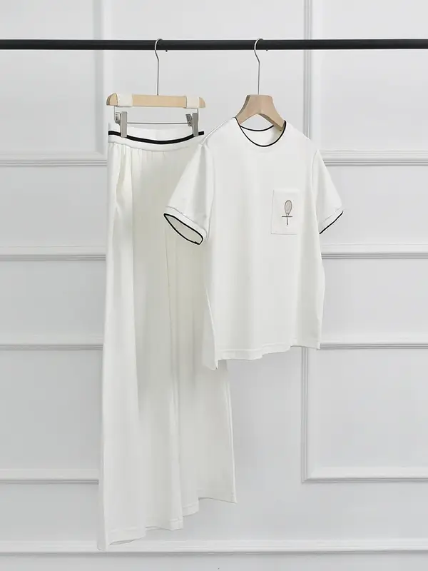 Women's Set 2024 New Embroidery Pockets Round-Neck Short Sleeve T-shirt and Elastic High Waist Solid Color Casual Pants
