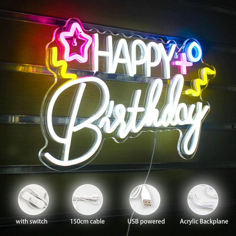 Feliz Aniversário Neon LED Sign Lights, Lâmpada de parede USB, Art Letter Signs, Logo Hanging, Decoração do quarto para festa de aniversário anual, Presentes