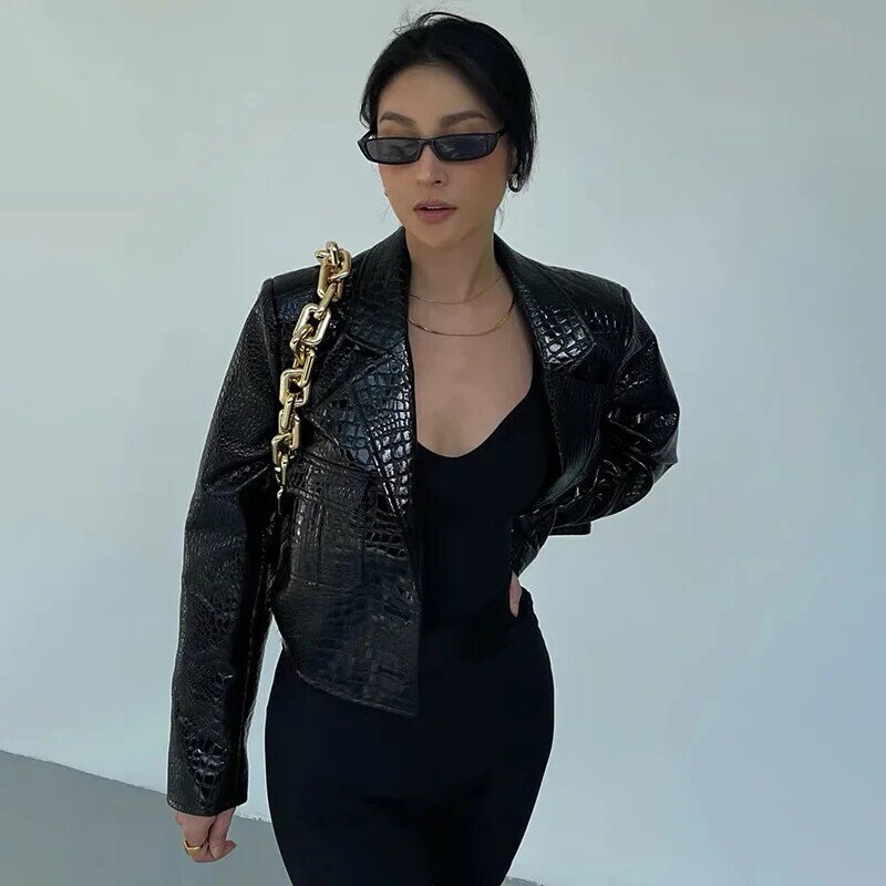 Fashion jaket kulit asli wanita, sepeda motor pola buaya mantel wanita Streetwear jaket kulit ritsleting dengan sabuk