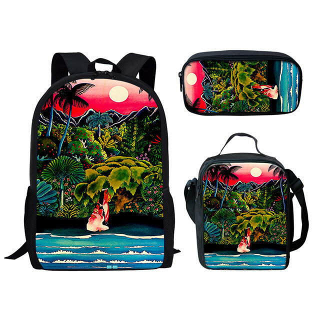حقيبة ظهر مطبوعة على جزيرة هاواي ثلاثية الأبعاد ، حقائب مدرسية للتلاميذ ، حقيبة نهارية للكمبيوتر المحمول ، حقيبة الغداء ، حقيبة قلم رصاص ، كلاسيكية ، إبداعية ، مضحكة ، 3 لكل مجموعة