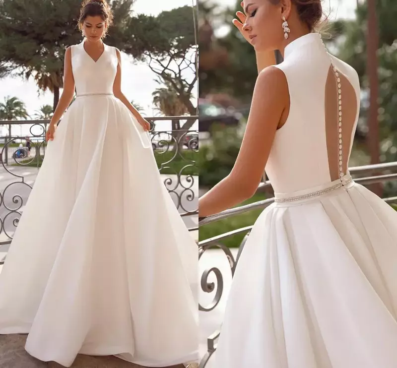 The new A-line Princess wedding dress line high-neck bridal dress with simple illusion button after the women's foyer de Noiva