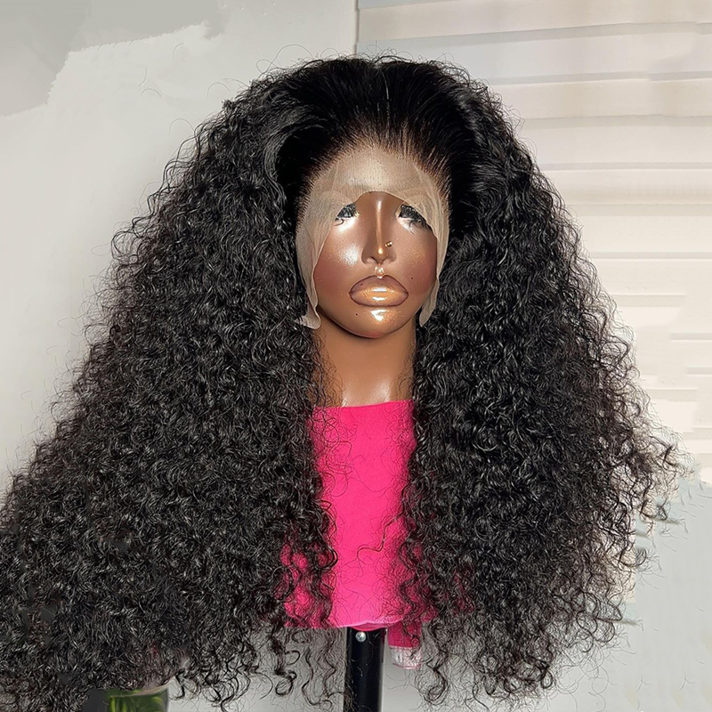 Natural Black Long Glueless 180Density Soft 26“ Kinky Curly Lace Front Wig For Women BabyHair Preplucked Heat Resistant Daily