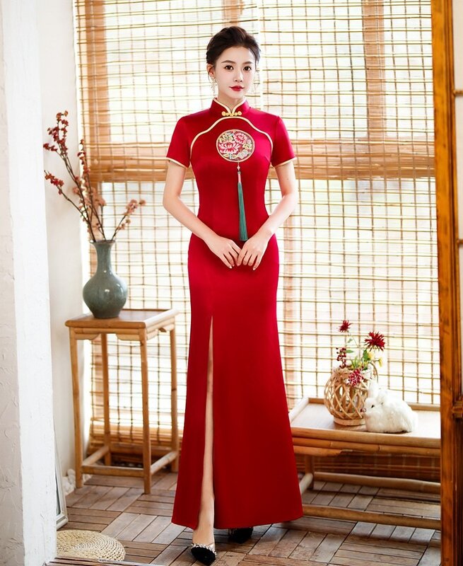 Gaun pesta wanita, Vinatge, gaya China, melakukan Qipao elegan wanita ukuran besar 5XL, Cheongsam, Vintage, panjang, gaun pesta malam