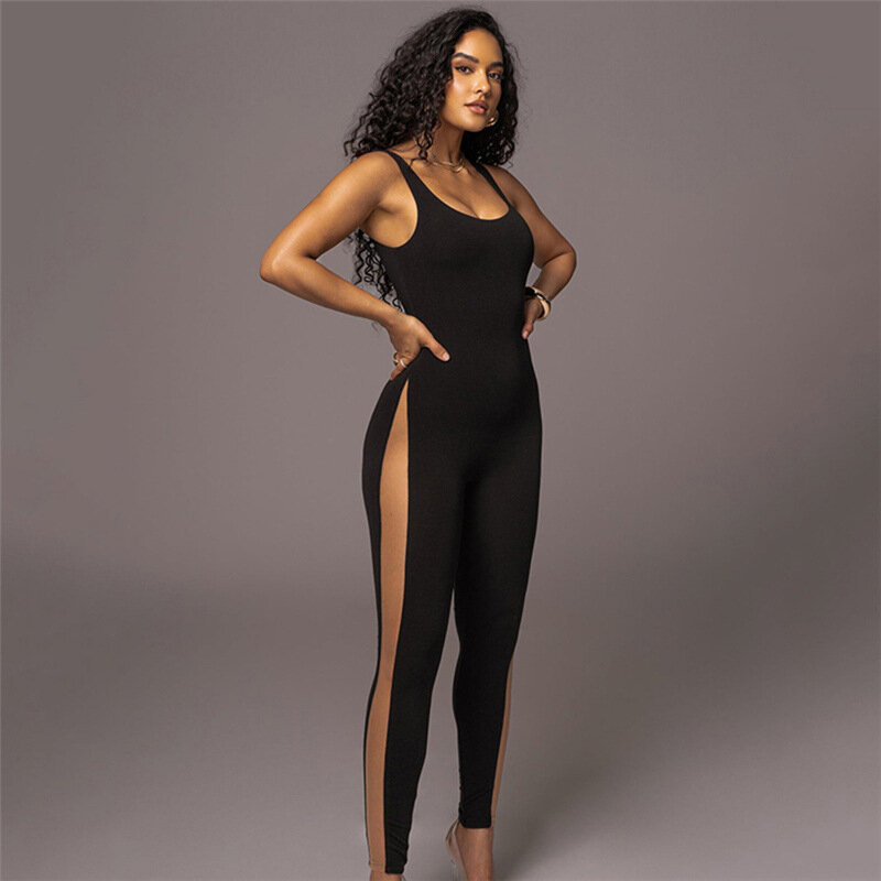  Style New Fall Women's Clothing Sleeveless Stitching Mesh Slim Fit High Top Sports One-Piece Trousers