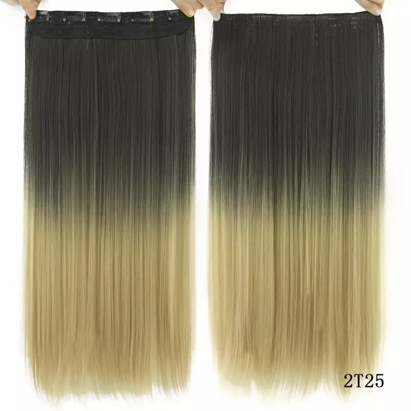وصلات شعر اصطناعية مستقيمة للنساء ، شعر أسود إلى أومبير ، 5 مشابك شعر ، دبابيس شعر مزيفة ، 60 أو