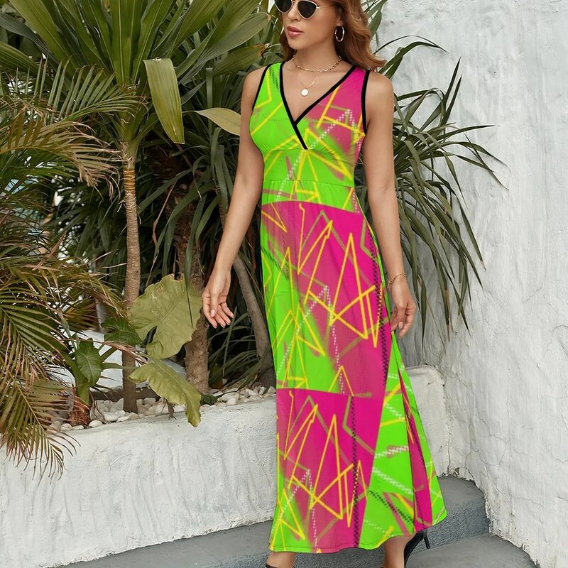 Neon 80's Vibes gaun tanpa lengan gaun panjang untuk wanita gaun malam mewah gaun pesta 2023