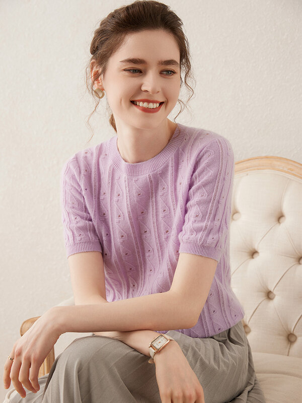 Hochwertige Frauen T-Shirt Frühling Sommer 100% Kaschmir Strickwaren hohle Kurzarm Pullover Pullover koreanische beliebte weibliche Tops