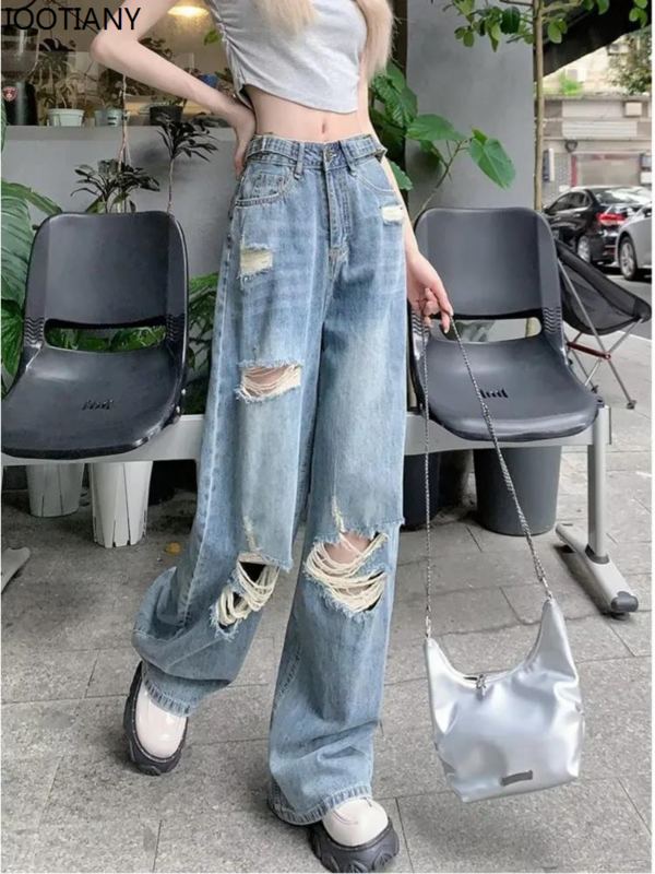 Sommer löcher hohe Taille abnehmen und locker sitzende breite Bein Boden lange Hosen Retro gerade Jeans Jeans High-Street Damen Jeans