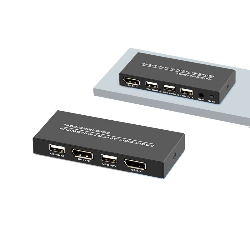 2พอร์ต DisplayPort KVM Switch HD 2 In 1 Out DP 2 PCs หุ้นชุดเมาส์คีย์บอร์ด USB เครื่องพิมพ์ U Disk Sharer