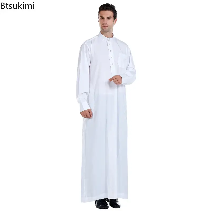 Musulmano medio oriente uomo maniche lunghe Ramada Robe arabo girocollo islamico tinta unita caftano Thawb Maxi-musulmano Dubai lungo Abaya